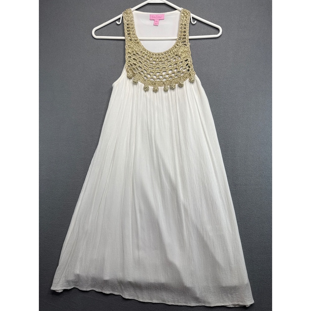 Lilly Pulitzer Dress Womens XXS White Gold Metallic Crochet Neck Pom Pom Shift